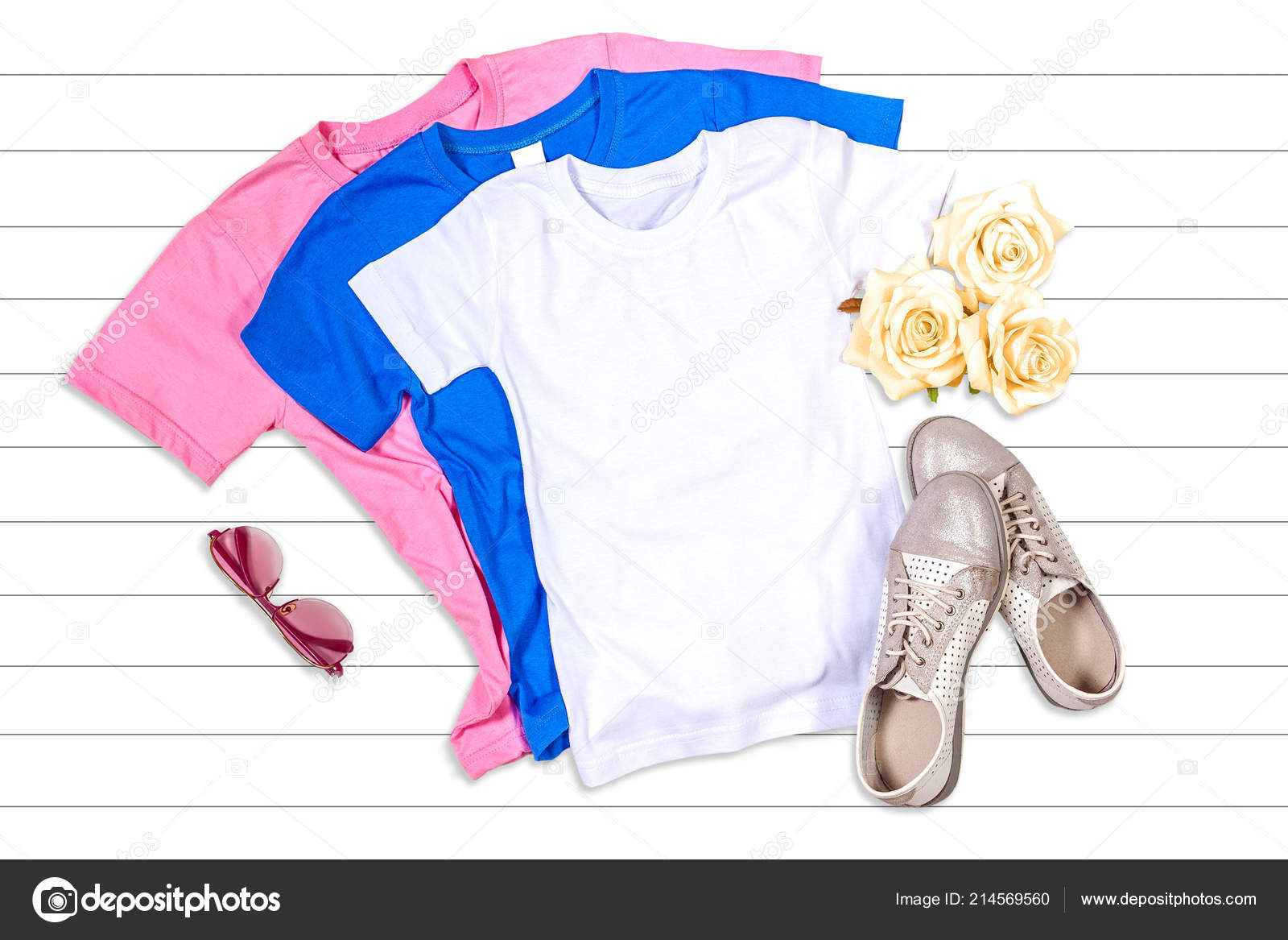 Download Pink White Blue Shirts Flat Lay Mockup White Wooden Background Royalty Free Photo Stock Image By C Flipper1971 214569560