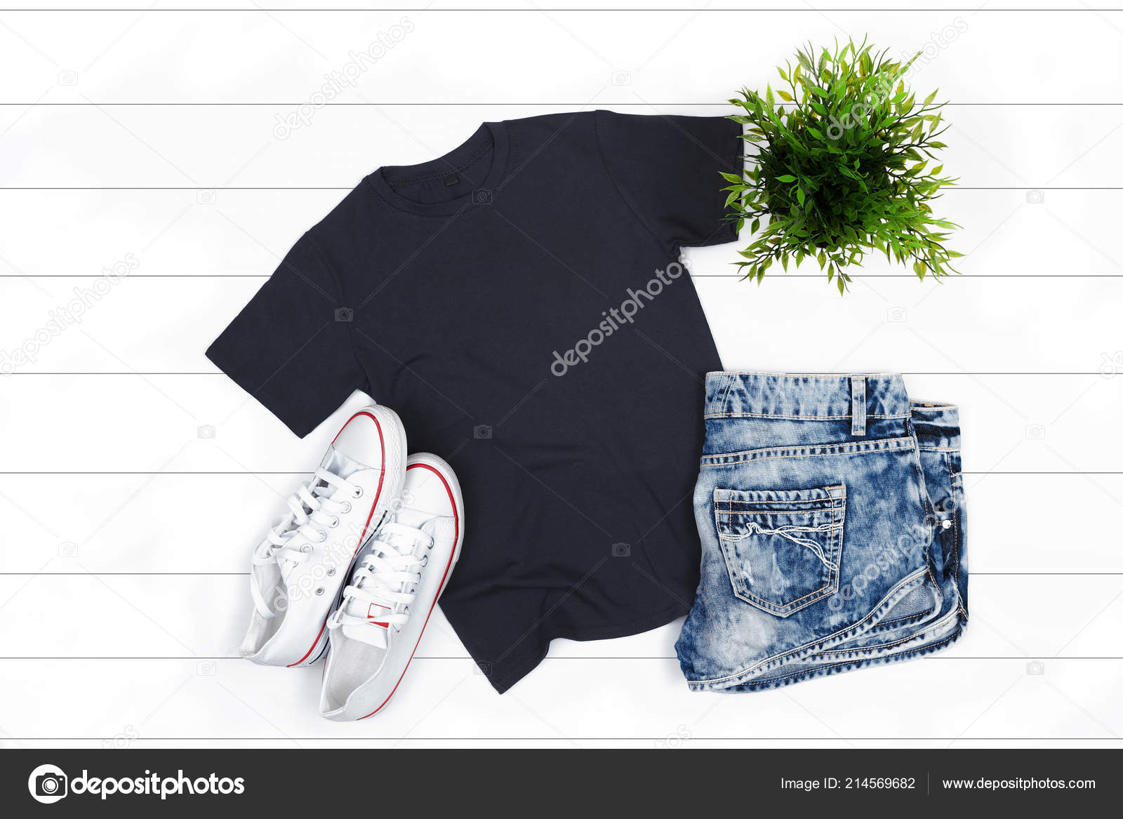 Download Black Feminine Shirt Mockup White Wooden Background Flat Lay Top Stock Photo By C Flipper1971 214569682