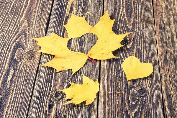 Heart of yellow maple leaf on wooden background - autumn mood