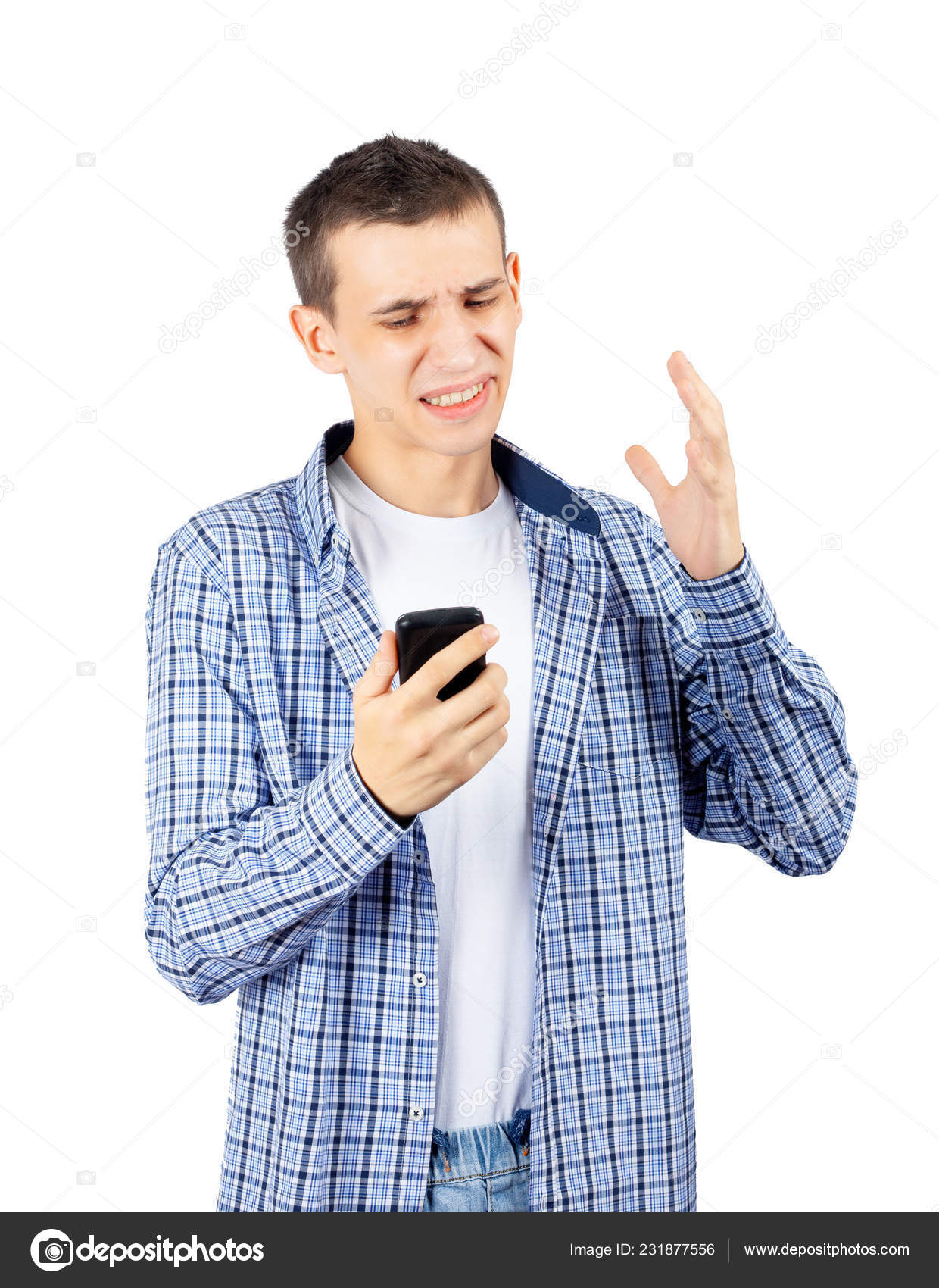 Guy Angry Upset Because Telephone Conversation Isolated White