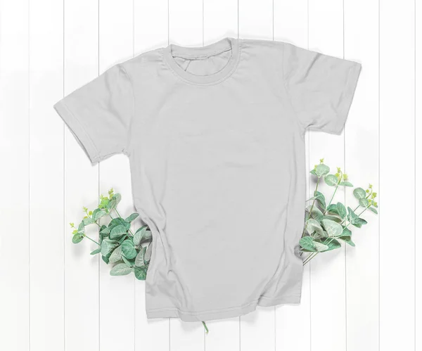 Gray T-shirt Mockup on White Background, Styled Photo, Women's T-Shirt Layout, Real T-Shirt Photography on Light Background