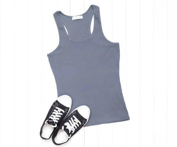 Gray tank top with sneakers on a white background - tank top mockup for your design