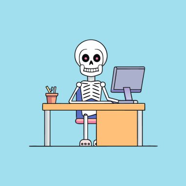 Bir iskelet bir bilgisayarın önünde masada oturuyor. Yapay zeka üretildi. Vektör simgesi