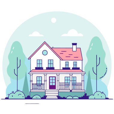 Amerikan klasik ev ve ev tasarımları. El yapımı yapay zeka üretildi. Vektör simgesi