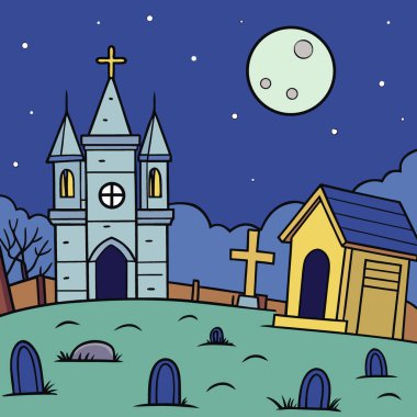 Geceleri arka planda büyük bir kilise olan bir mezarlık. Yapay zeka üretildi. Vektör simgesi