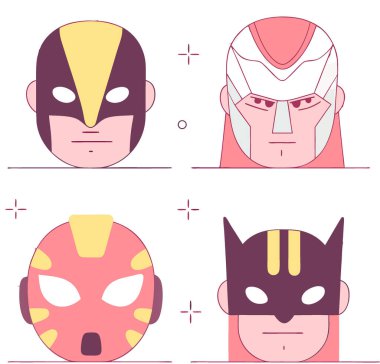 Çeşitli süper kahraman maskeleri şeffaf arkaplanda kesiliyor. Yapay zeka üretildi. Vektör simgesi