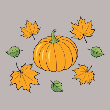 Gri arka planda turuncu balkabağı ve sonbahar yapraklarının üst görüntüsü. Yapay zeka üretildi. Vektör simgesi