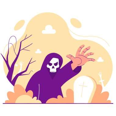 Sisli bir havada uzanan kapüşonlu Azrail. Ürkütücü bir atmosfer. Yapay zeka üretildi. Vektör simgesi