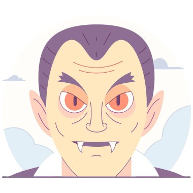 Parlak kırmızı gözleri ve sivri dişleri olan erkek vampir yüzüne yakın çekim. Yapay zeka üretildi. Vektör simgesi