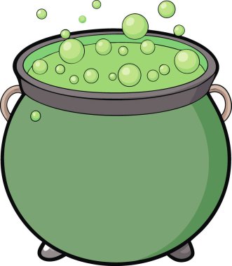 Yeşil baloncuklarla dolu cadı kazanı şeffaf arkaplanda izole edilmiş. Yapay zeka üretildi. Vektör simgesi