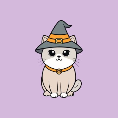 Şirin İskoç kedisinin cadılar bayramı kutlaması için cadı şapkası kullandığı bir fotoğraf. Yapay zeka üretildi. Vektör simgesi