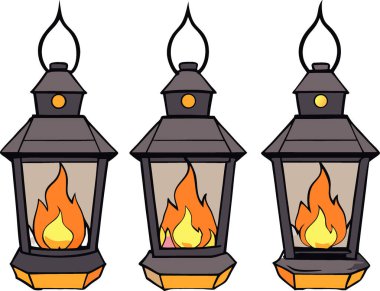 Şeffaf arka planda izole edilmiş titreyen bir alevi olan ürkütücü fener seti. Yapay zeka üretildi. Vektör simgesi