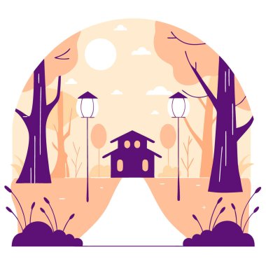 Karanlık orman yolu sisli. Ağaçlardan sarkan fenerler. Ve terk edilmiş bir evde. Yapay zeka üretildi. Vektör simgesi