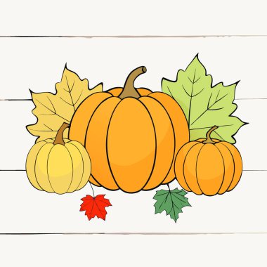 Yapay zekanın ürettiği beyaz ahşap arka planda balkabaklarından ve renkli yapraklardan oluşan şenlikli sonbahar kompozisyonu. Vektör simgesi