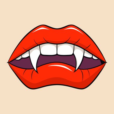 Vampir dişleri ve parlak kırmızı dudaklar yakın planda. Yapay zekanın yarattığı güzellik ve dehşetin bir karışımını yaratmak. Vektör simgesi
