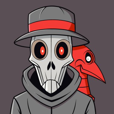 Detaylı. Bir veba doktorunun dramatik portresi. Ayırt edici bir kuş maskesi takıyor ve koyu renkli yapay zeka üretiyor. Vektör simgesi