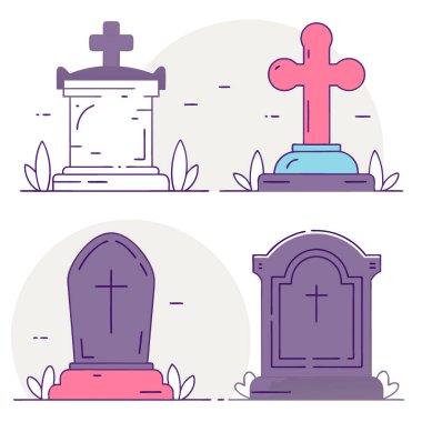 Beyaz arka planda izole edilmiş eski mezarlık tasarım elementleri çizgi film seti. Yapay zekanın ürettiği gotik taş mezarların listesi. Vektör simgesi