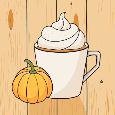 Kırsal bir arka planda beyaz bir fincanda balkabağı aromalı latte ile sonbahar titreşimleri. Yapay zeka üretildi. Vektör simgesi