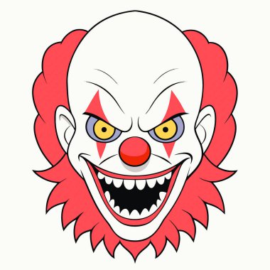 Korkunç kırmızı gözlü, uğursuz bir palyaço suratı. Korku temalarını iletir. Korkunç. Bir de... Yapay zeka üretildi. Vektör simgesi