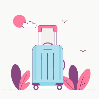 Bavullu macera seyahati tatili ya da pembe pembeli arka plan tasarım için boş alan. Yapay zeka üretildi. Vektör simgesi