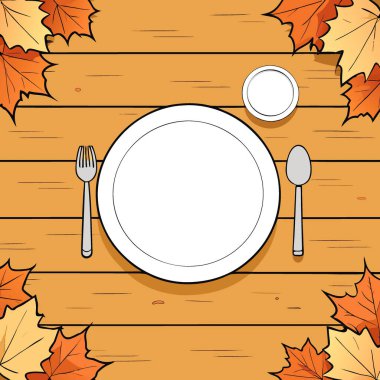 Tahtalardan yapılmış bir sonbahar masasının güzel arka planı ve yapay zekayla oluşturulmuş boş beyaz bir plaka manzarası. Vektör simgesi