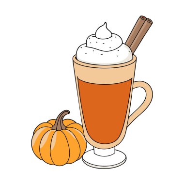 Şeffaf cam bardakta, beyaz arka planda tarçınlı ve balkabaklı sonbahar kahveli latte yapay zeka. Vektör simgesi