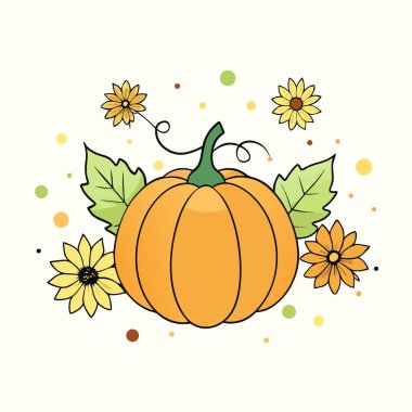 Ayçiçekli sonbahar balkabağı kuru yapraklar ve bulanık bokeh ışıkları üzerinde çiçekler ile beyaz arka plan. Yapay zeka üretildi. Vektör simgesi