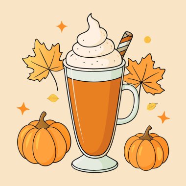 Sonbahar yapraklarıyla çevrili lezzetli balkabağı aromalı latte bardağı. Çeşitli balkabakları. Baharatları açın. Yapay zeka üretildi. Vektör simgesi