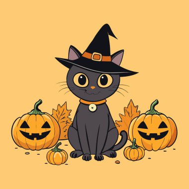 Cadılar Bayramı için siyah şapkalı kara kedi ve sonbahar parkında oturan balkabakları. Yapay zeka üretildi. Vektör simgesi