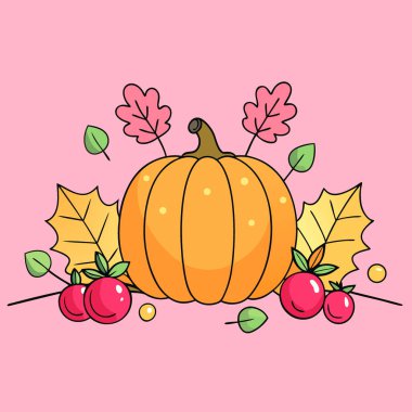 Balkabaklarının şenlikli sonbahar dekoru. Pembe ahşap arka planda böğürtlen ve yapraklar. Şükran Günü. Yapay zeka üretildi. Vektör simgesi
