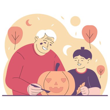 Mutlu yaşlı bir adam, güneşli bir sonbahar gününde torunuyla birlikte bahçesinde balkabağı oyuyor. Neşeli. Yapay zeka üretildi. Vektör simgesi