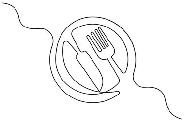 Bıçak ve Çatal simgesi sürekli bir çizgi çizer ve minimalist stil ana çizim çizimini izole eder