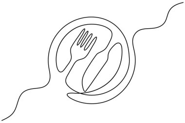 Bıçak ve Çatal simgesi sürekli bir çizgi çizer ve minimalist stil ana çizim çizimini izole eder