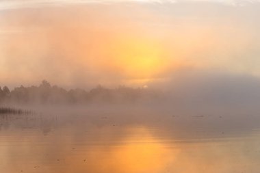 Sıcak renkler nehirde muhteşem sisli gün batımında