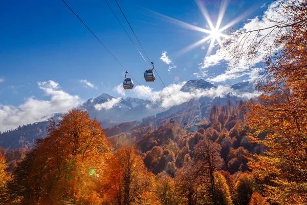 Teleferik ile sonbahar orman görünümünü mavi gökyüzü arka plan üzerinde gözlemleyerek