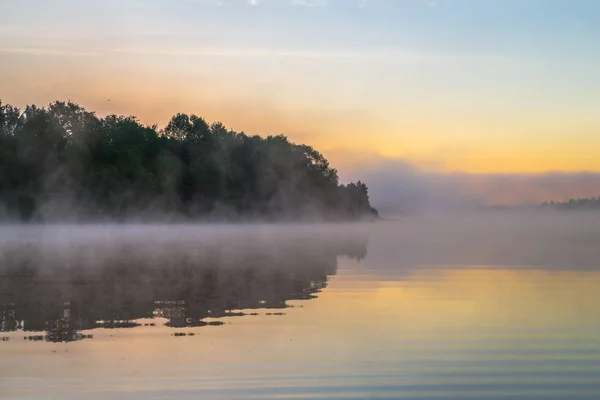 Landscape River Forest Fog Sunset — Stock Photo, Image
