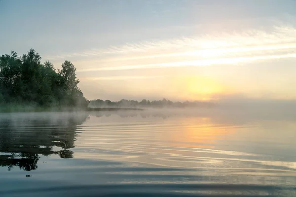 Muhteşem manzara nehir, orman siste batımında sıcak renkler ile 