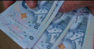 Bir kişi etkin bir pazar ortamı ile çevriliyken bir tomar kaliteli banknot sayar. Sahne para değişimi ve günlük ticaretin özünü yakalıyor..