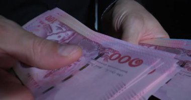 Bireyin loş bir ortamda bir yığın banknotla ilgilendiği görülüyor. Odak noktası sayılan nakit para, sergilenen karmaşık tasarımlar ve mezhepler.