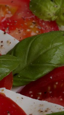 Taze domates ve mozzarella dilimlenir ve fesleğen yapraklarıyla düzenlenir. Birazcık karabiber tat katar. Hafif bir öğle yemeği ya da aperatif için mükemmel, sıcak ve güneşli bir atmosferde tadını çıkar..