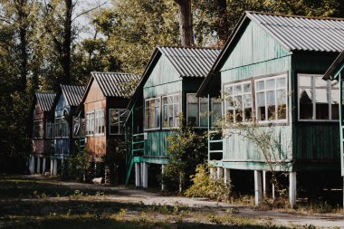 Yaz orman ağaçları ile satırda ahşap kulübeler 