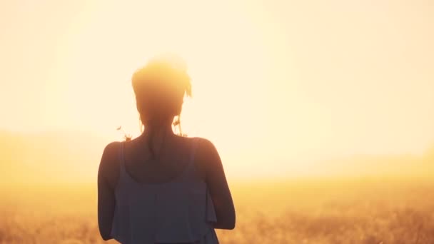 Gravid flicka står i dimmig fält tittar på soluppgången blommor i hennes händer — Stockvideo