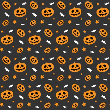 Web Cadılar Bayramı Hilesi ya da Tedavi Vektörü kusursuz desenli balkabağı şekeri yıldızı turuncu gri