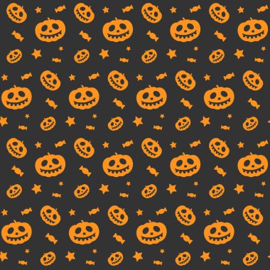 Web Cadılar Bayramı Hilesi ya da Tedavi Vektörü kusursuz desenli balkabağı şekeri yıldızı turuncu gri 