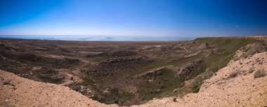 Aral Gölü Panoraması görünümüne Yaylası Ustyurt RIM Karakalpakstan, Özbekistan'a Duana cape yakınında