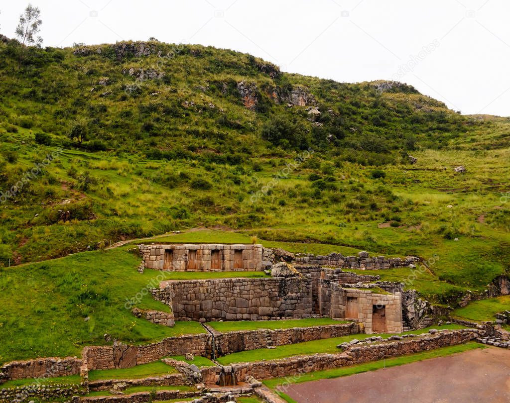 Exterior view to archaeological site of Tambomachay in Cuzco, Peru