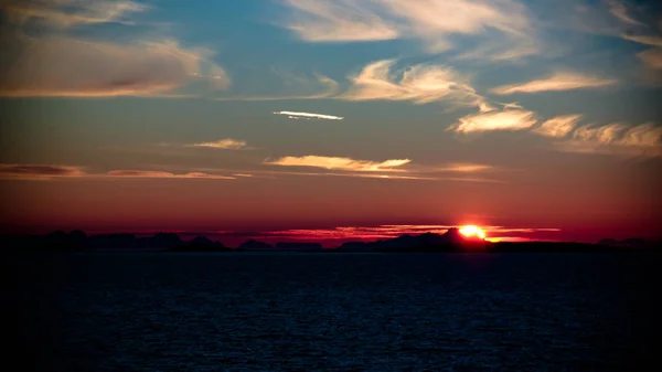 Sunset Sunrise Sea Lofoten Archipelago Moskenes Bodo Ferry Norway — Stock Photo, Image