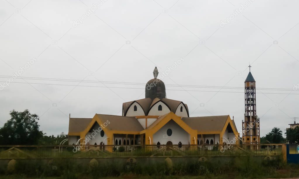 Stilt houses and church in the village of Ganvie Tofinu people on the Nokoue lake in Benin