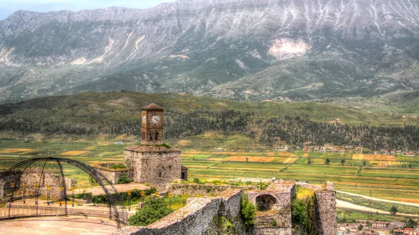 Vista Panorámica Del Castillo Gjirokastra Con Pared Torre Reloj Gjirokaster —  Fotos de Stock