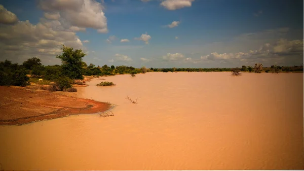 Vista Panorâmica Paisagem Para Sahel Oásis Dogon Tabki Com Rio — Fotografia de Stock